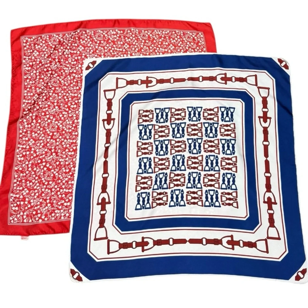 Bundle of 2 Scarves Red Heart Print & Blue Equestrian Horse Bit Square Scarves